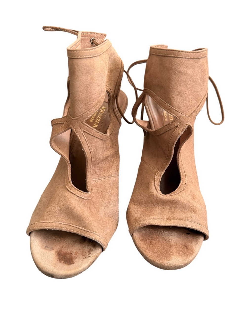 Aquazzura Tan Suede Cutout Lace-Up Peep-Toe Heels
